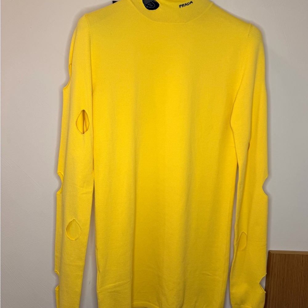 NWT Prada Yellow Openwork Viscose Turtleneck Logo Top Spring/Summer 2021 Size 44